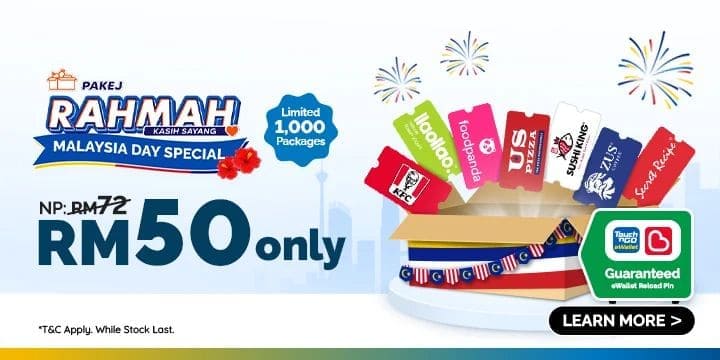 Rahmah, rahmah配套，节省，food voucher，优惠，好康，Touch n Go, Boost, reload pin, e-wallet, KFC, llao llao, US Pizza, Sushi King, ZUS Coffee, Secret Recipe
